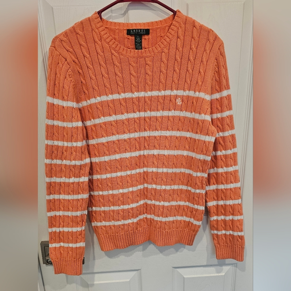L-RL Women's Soft Orange & White Cable Crewneck Knit Sweater Size--L - Picture 3 of 10